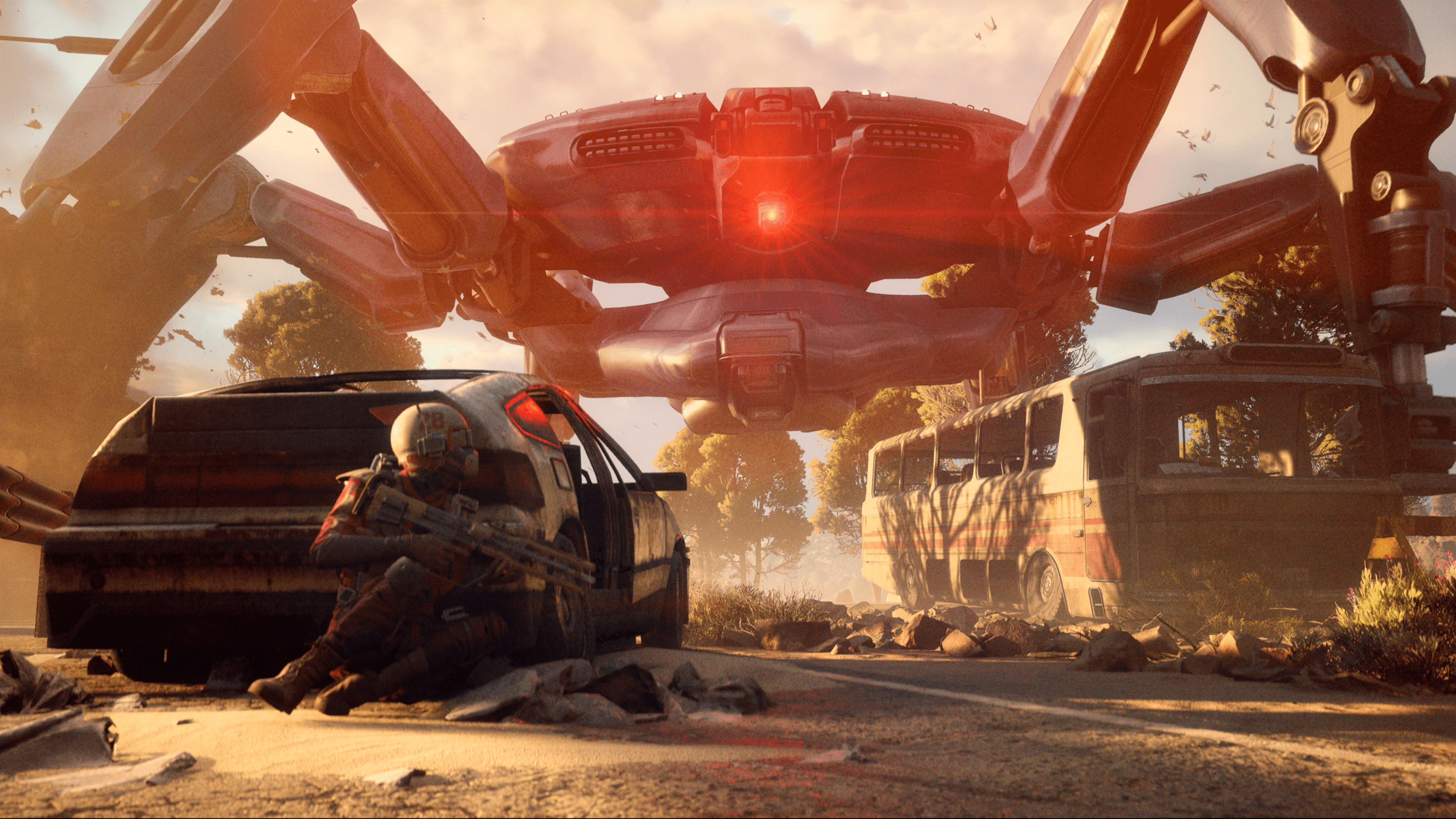 Arc Raiders gameplay screenshot showing a Raider taking cover as a massive ARC machine hovers menacingly overhead in a post-apocalyptic landscape